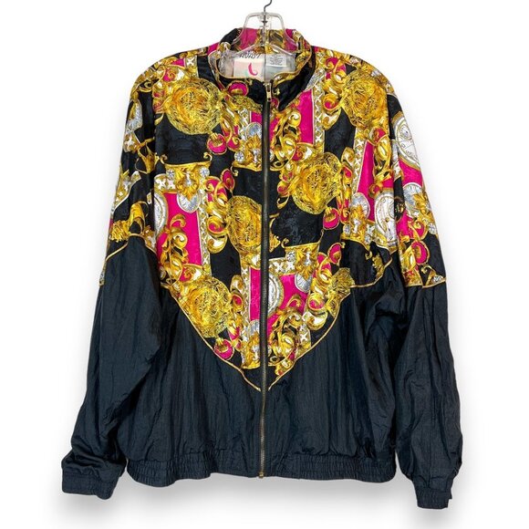 Vintage Baroque Jacket XL 80s Black Pink Gold Avait Sportif Zip Track - Picture 1 of 8